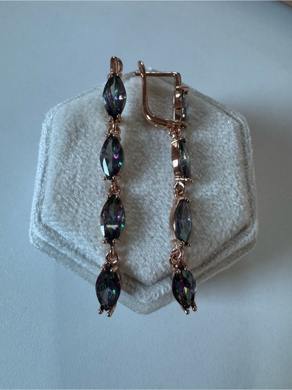 14K 585 Rolled Rose Gold Color-Changing Stone Dangle Earrings